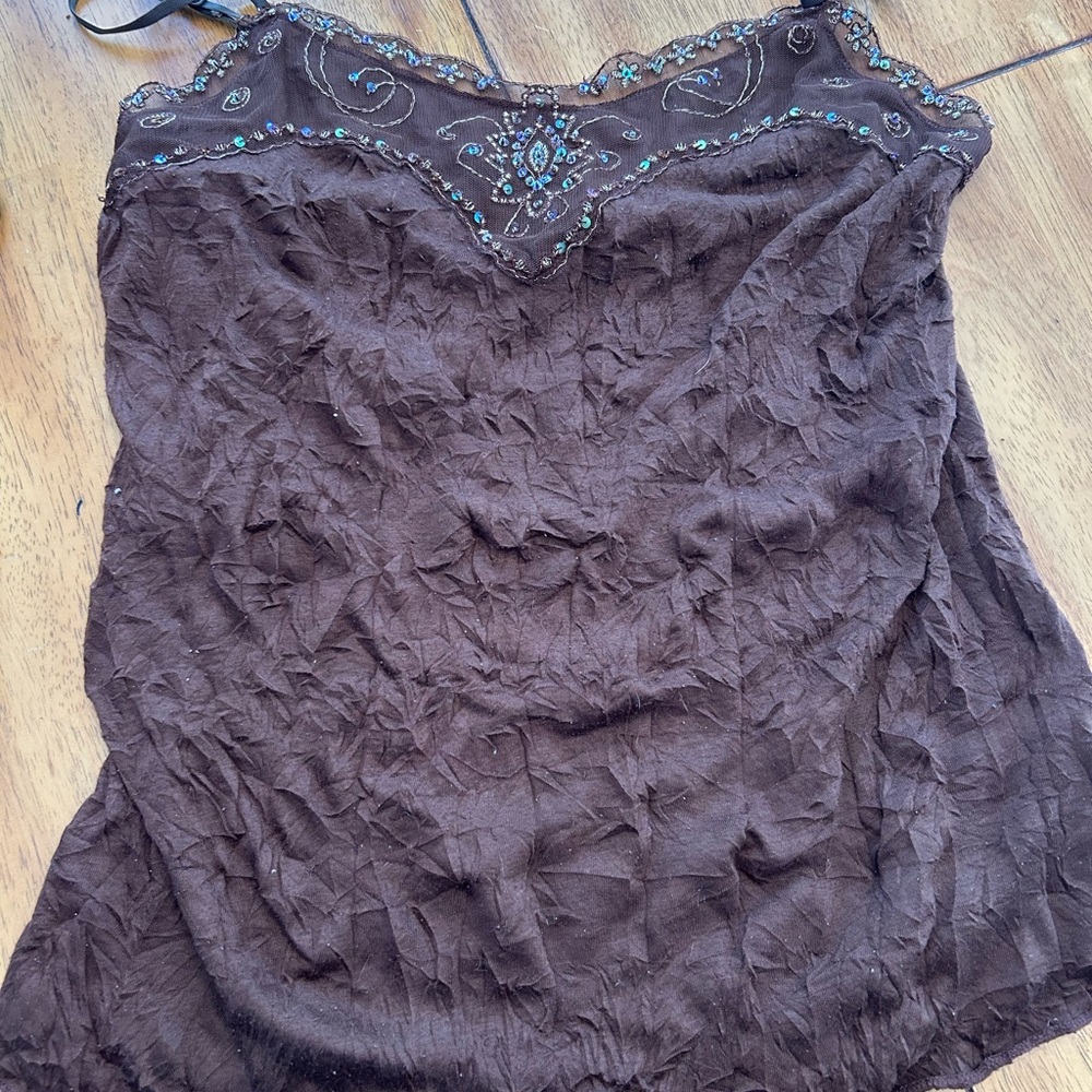 Xhilaration Brown Camisole with Blue Embroidery